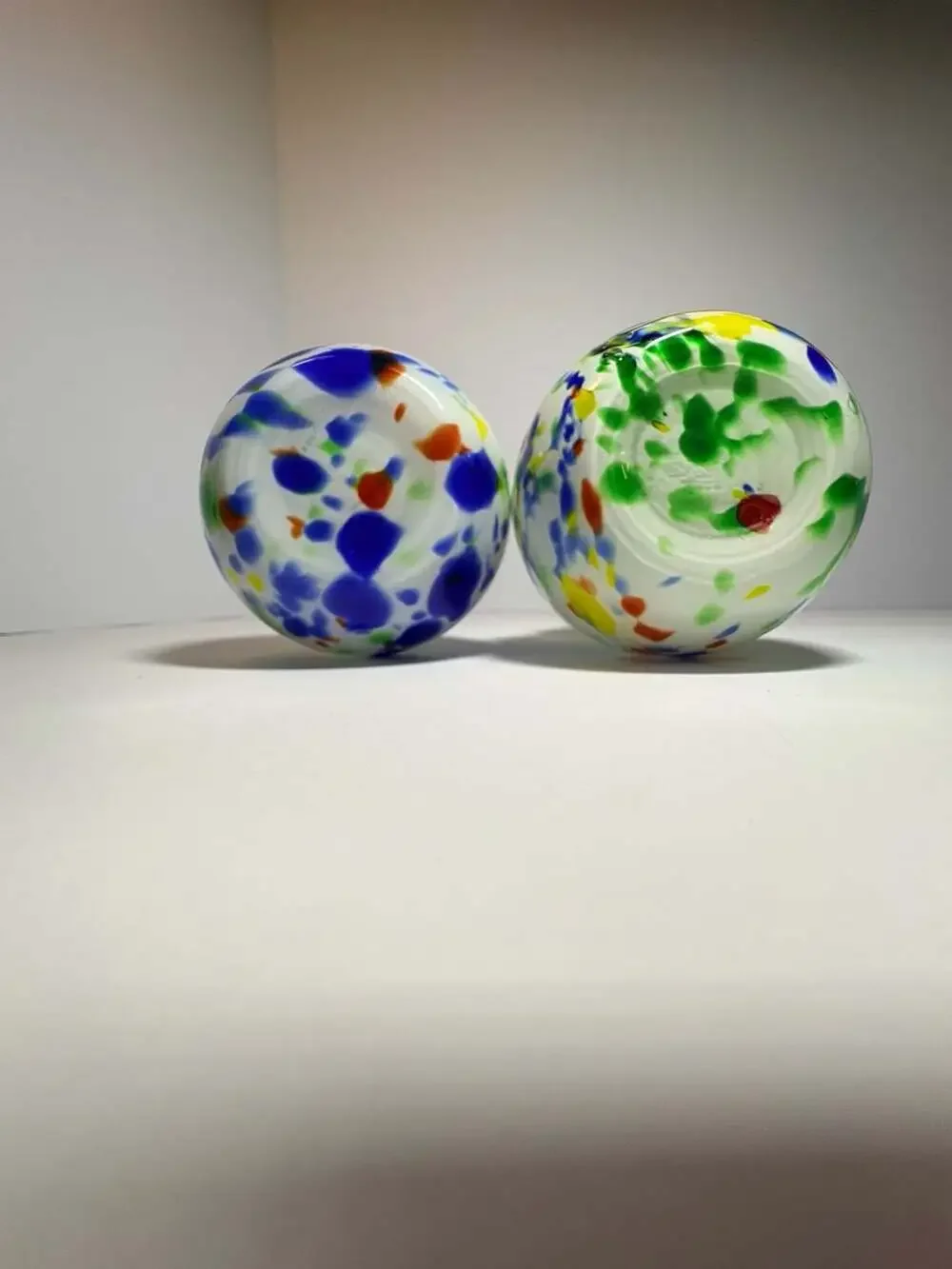 Vintage Hand Blown Glass Long Neck Bulb Vases Multi Color Confetti Ribbon Pair